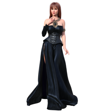 3D kadın karakter, kızıl uzun saçlı, uzun deri bir elbise, şeffaf bir arka planda izole edilmiş.. 