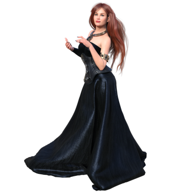 3D kadın karakter, kızıl uzun saçlı, uzun deri bir elbise, şeffaf bir arka planda izole edilmiş.. 