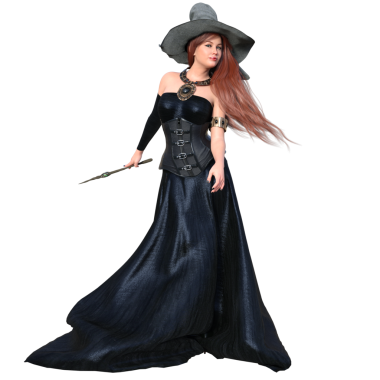 3 boyutlu kadın karakteri, kızıl uzun saçlı, şapkalı, şeffaf bir arka planda izole edilmiş uzun deri bir elbise.