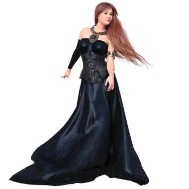 3D kadın karakter, kızıl uzun saçlı, uzun deri bir elbise, şeffaf bir arka planda izole edilmiş.. 