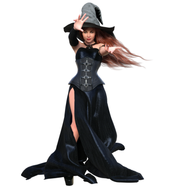 3 boyutlu kadın karakteri, kızıl uzun saçlı, şapkalı, şeffaf bir arka planda izole edilmiş uzun deri bir elbise.