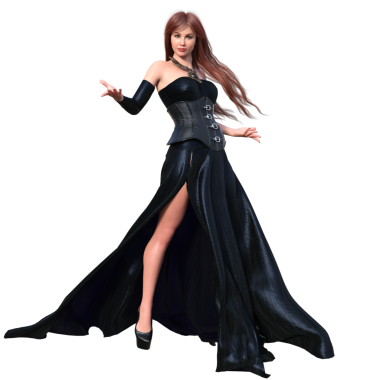 3D kadın karakter, kızıl uzun saçlı, uzun deri bir elbise, şeffaf bir arka planda izole edilmiş.. 