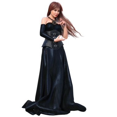 3D kadın karakter, kızıl uzun saçlı, uzun deri bir elbise, şeffaf bir arka planda izole edilmiş.. 