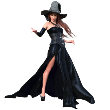 3 boyutlu kadın karakteri, kızıl uzun saçlı, şapkalı, şeffaf bir arka planda izole edilmiş uzun deri bir elbise.