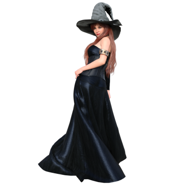 3 boyutlu kadın karakteri, kızıl uzun saçlı, şapkalı, şeffaf bir arka planda izole edilmiş uzun deri bir elbise.