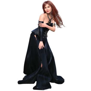 3D kadın karakter, kızıl uzun saçlı, uzun deri bir elbise, şeffaf bir arka planda izole edilmiş.. 