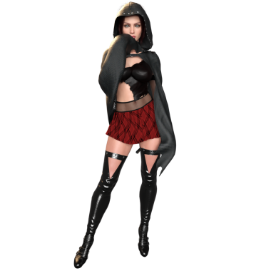 3 boyutlu modern şehir fantezi cadısı. Pelerinli ve mini etekli. Şeffaf bir arka planda izole edilmiş.. 