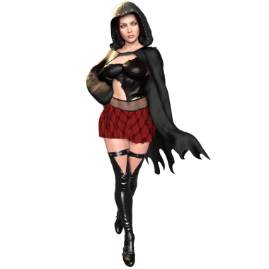 3 boyutlu modern şehir fantezi cadısı. Pelerinli ve mini etekli. Şeffaf bir arka planda izole edilmiş.. 