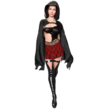 3 boyutlu modern şehir fantezi cadısı. Pelerinli ve mini etekli. Şeffaf bir arka planda izole edilmiş.. 