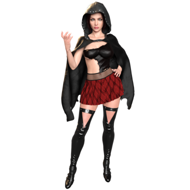 3 boyutlu modern şehir fantezi cadısı. Pelerinli ve mini etekli. Şeffaf bir arka planda izole edilmiş.. 