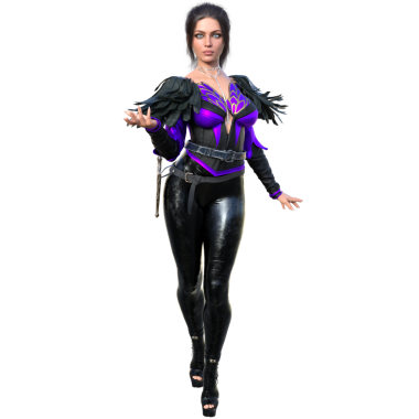 3D, siyah ve mor bir savaş kıyafeti giyen, zırhlı ve yüksek topuklu giyen, şeffaf bir arkaplanda izole edilmiş, koyu fantezi bir kadın karakterin resimlerini çizdi.