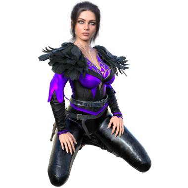 3D, siyah ve mor bir savaş kıyafeti giyen, zırhlı ve yüksek topuklu giyen, şeffaf bir arkaplanda izole edilmiş, koyu fantezi bir kadın karakterin resimlerini çizdi.