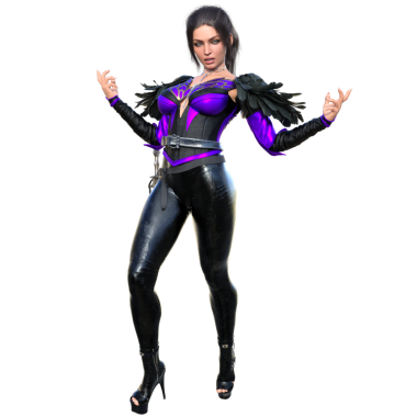 3D, siyah ve mor bir savaş kıyafeti giyen, zırhlı ve yüksek topuklu giyen, şeffaf bir arkaplanda izole edilmiş, koyu fantezi bir kadın karakterin resimlerini çizdi.