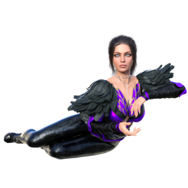 3D, siyah ve mor bir savaş kıyafeti giyen, zırhlı ve yüksek topuklu giyen, şeffaf bir arkaplanda izole edilmiş, koyu fantezi bir kadın karakterin resimlerini çizdi.