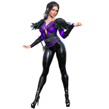 3D, siyah ve mor bir savaş kıyafeti giyen, zırhlı ve yüksek topuklu giyen, şeffaf bir arkaplanda izole edilmiş, koyu fantezi bir kadın karakterin resimlerini çizdi.