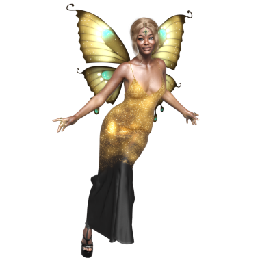 Üç boyutlu, uzun, zarif altın elbisesi ve kelebek kanatları olan fantezi bir kadın peri karakterinin çizimi.