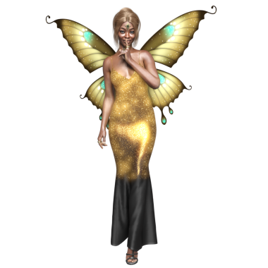 Üç boyutlu, uzun, zarif altın elbisesi ve kelebek kanatları olan fantezi bir kadın peri karakterinin çizimi.