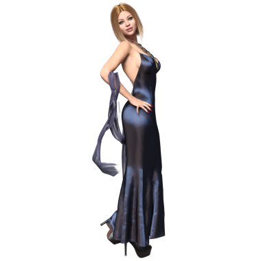 Şeffaf bir arkaplanda soyutlanmış zarif, uzun, mor bir elbisesi olan üç boyutlu sarışın kadın.