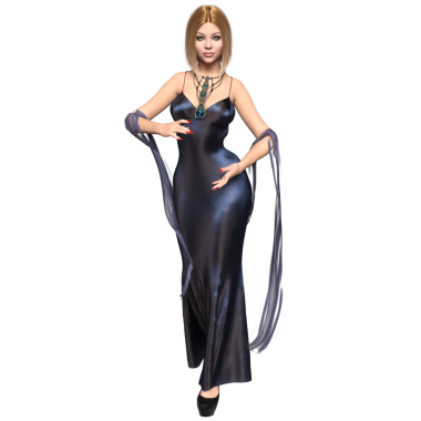 Şeffaf bir arkaplanda soyutlanmış zarif, uzun, mor bir elbisesi olan üç boyutlu sarışın kadın.