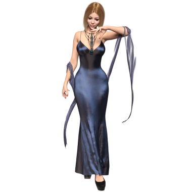 Şeffaf bir arkaplanda soyutlanmış zarif, uzun, mor bir elbisesi olan üç boyutlu sarışın kadın.