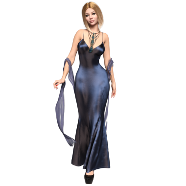 Şeffaf bir arkaplanda soyutlanmış zarif, uzun, mor bir elbisesi olan üç boyutlu sarışın kadın.