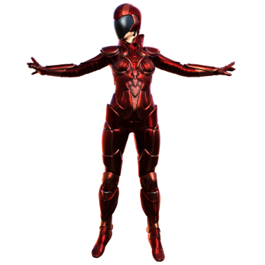 3D, kırmızı metalik üniformalı ve kasklı saydam bir arka planda izole edilmiş bilim kurgu kadın karakteri.