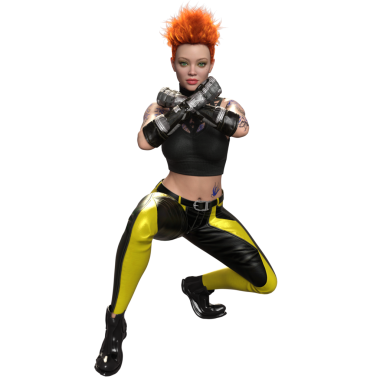 Siyah ve sarı kıyafetli, şeffaf bir arka planda izole edilmiş 3 boyutlu bir kadın siber punk karakteri.