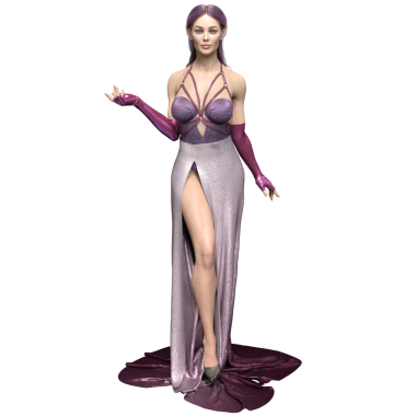 3 boyutlu, şeffaf bir arkaplanda uzun ve zarif mor bir elbisesi olan güzel bir dişi elfin çizimi.