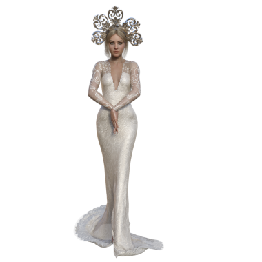 Uzun beyaz elbiseli bir kraliçe ve şeffaf bir arkaplanda izole edilmiş kraliyet tacı.