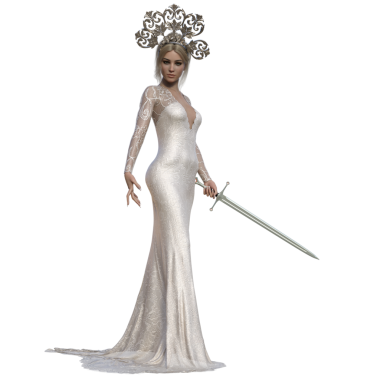 Uzun beyaz elbiseli bir kraliçe ve şeffaf bir arkaplanda izole edilmiş kraliyet tacı.