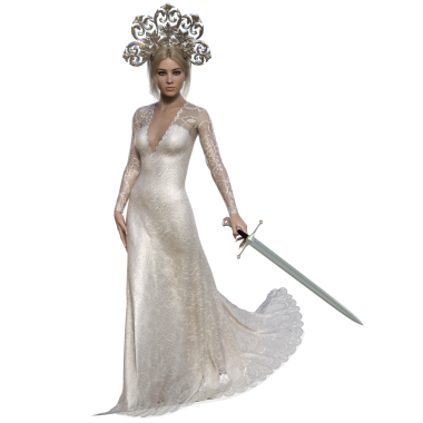 Uzun beyaz elbiseli bir kraliçe ve şeffaf bir arkaplanda izole edilmiş kraliyet tacı.