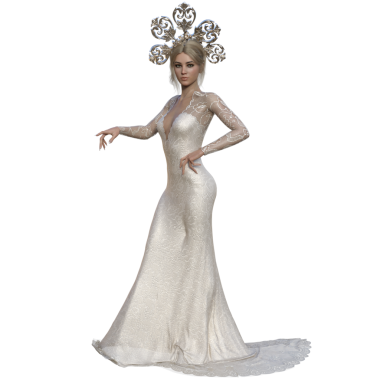 Uzun beyaz elbiseli bir kraliçe ve şeffaf bir arkaplanda izole edilmiş kraliyet tacı.