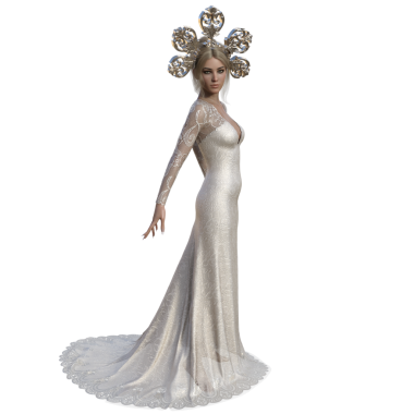 Uzun beyaz elbiseli bir kraliçe ve şeffaf bir arkaplanda izole edilmiş kraliyet tacı.