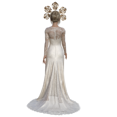 Uzun beyaz elbiseli bir kraliçe ve şeffaf bir arkaplanda izole edilmiş kraliyet tacı.