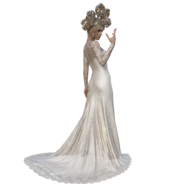 Uzun beyaz elbiseli bir kraliçe ve şeffaf bir arkaplanda izole edilmiş kraliyet tacı.