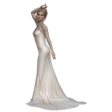 Üç boyutlu, şeffaf bir arkaplanda izole edilmiş, uzun gelinlikli sarışın, zarif bir kadının çizimi.