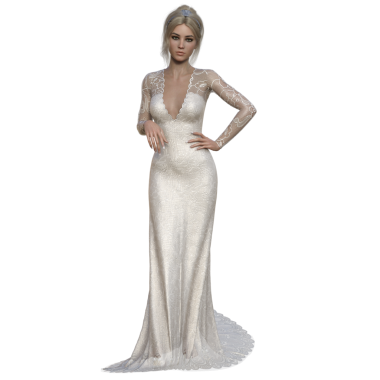 Üç boyutlu, şeffaf bir arkaplanda izole edilmiş, uzun gelinlikli sarışın, zarif bir kadının çizimi.