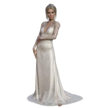 Üç boyutlu, şeffaf bir arkaplanda izole edilmiş, uzun gelinlikli sarışın, zarif bir kadının çizimi.