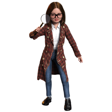 Şeffaf bir arka planda izole edilmiş genç bir dedektif olarak üç boyutlu sevimli bir kız.