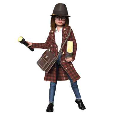 Şeffaf bir arka planda izole edilmiş genç bir dedektif olarak üç boyutlu sevimli bir kız.