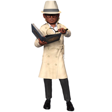 Şeffaf bir arka planda izole edilmiş, dedektif gibi giyinmiş üç boyutlu bir çocuk.