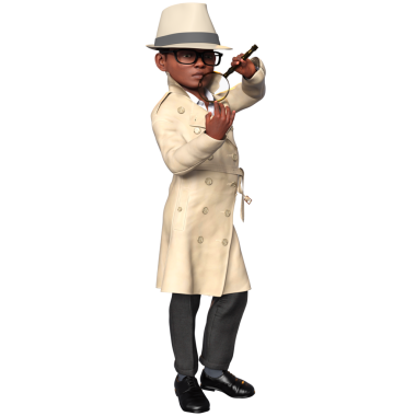 Şeffaf bir arka planda izole edilmiş, dedektif gibi giyinmiş üç boyutlu bir çocuk.