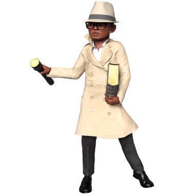 Şeffaf bir arka planda izole edilmiş, dedektif gibi giyinmiş üç boyutlu bir çocuk.