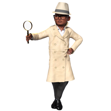 Şeffaf bir arka planda izole edilmiş, dedektif gibi giyinmiş üç boyutlu bir çocuk.