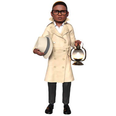 Şeffaf bir arka planda izole edilmiş, dedektif gibi giyinmiş üç boyutlu bir çocuk.