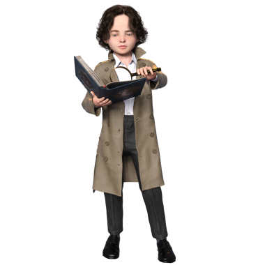 3 boyutlu, şeffaf bir arka planda izole edilmiş, sevimli, genç bir dedektifin çizimi.