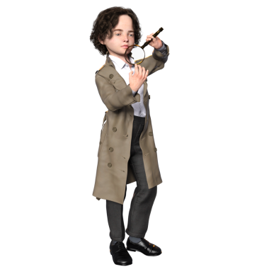 3 boyutlu, şeffaf bir arka planda izole edilmiş, sevimli, genç bir dedektifin çizimi.