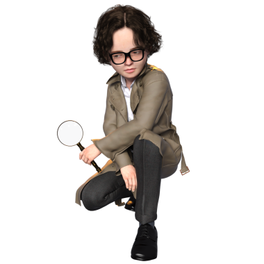 3 boyutlu, şeffaf bir arka planda izole edilmiş, sevimli, genç bir dedektifin çizimi.