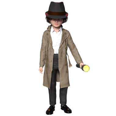 3 boyutlu, şeffaf bir arka planda izole edilmiş, sevimli, genç bir dedektifin çizimi.