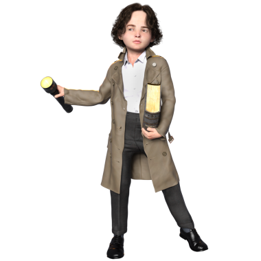 3 boyutlu, şeffaf bir arka planda izole edilmiş, sevimli, genç bir dedektifin çizimi.